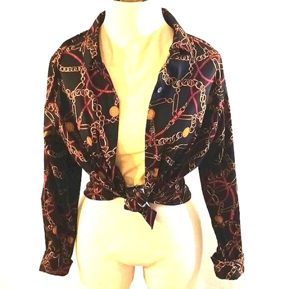 Charter Club Long Sleeve Shirt Sz 12 Abstract Gold Chains Equestrian Career Y2K - Picture 3 of 13